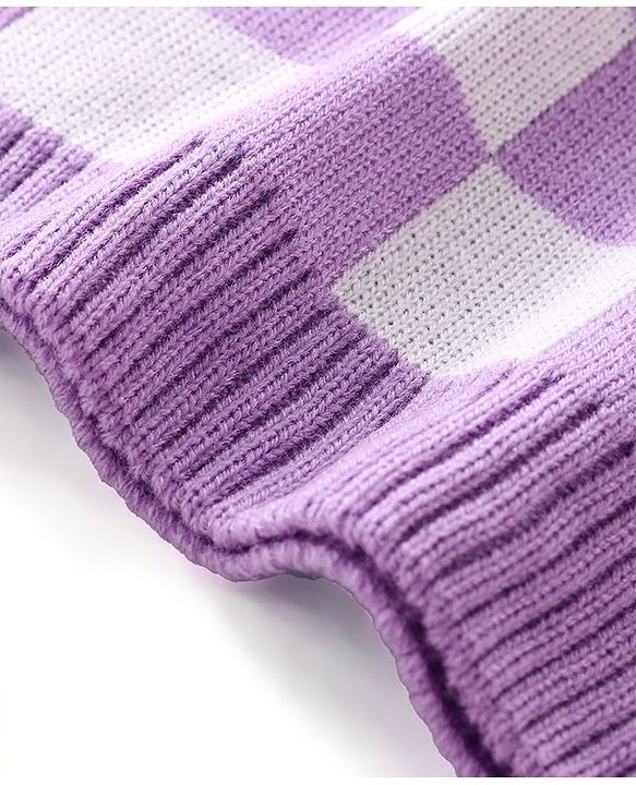 Babyhug Knitted Full Sleeves Sweater Set with Checkered Design - Purple