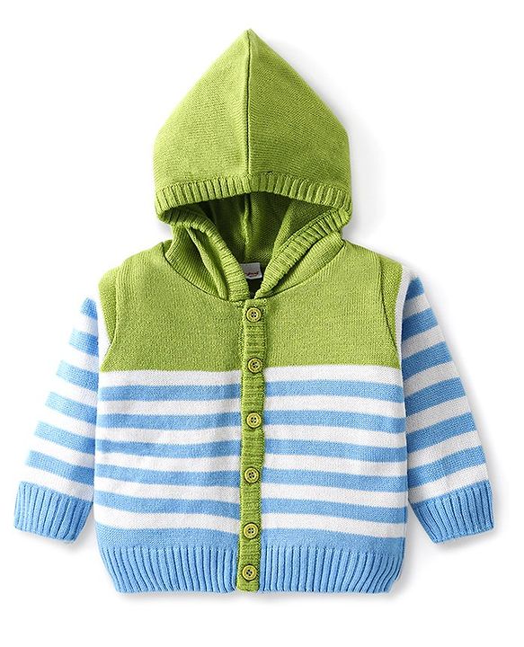 Babyhug Knitted Full Sleeves Striped Hooded Front Open Sweater Set - Sky Blue & Lime