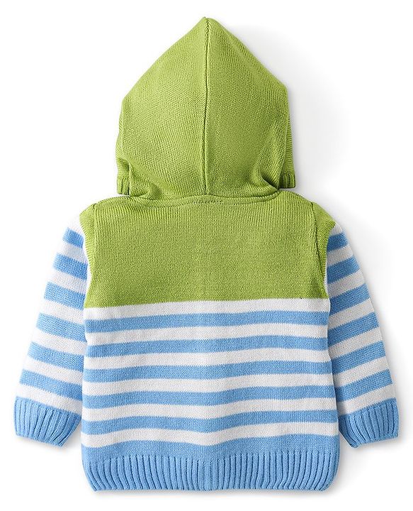 Babyhug Knitted Full Sleeves Striped Hooded Front Open Sweater Set - Sky Blue & Lime