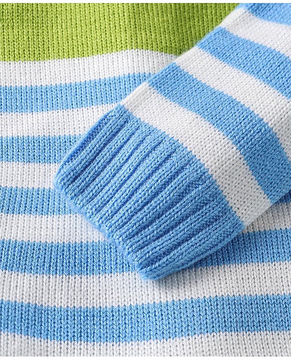 Babyhug Knitted Full Sleeves Striped Hooded Front Open Sweater Set - Sky Blue & Lime