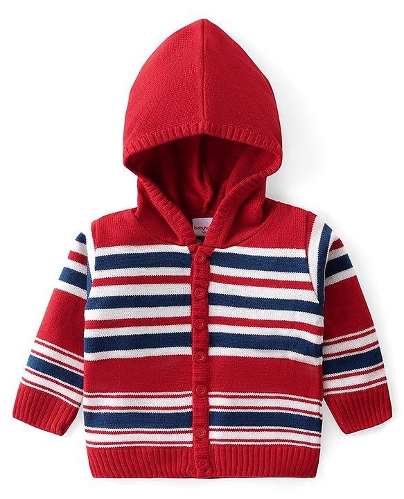 Babyhug Knitted Full Sleeves Hooded Front Open Sweater Set with Striped Design - Multicolour