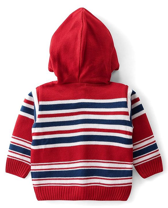 Babyhug Knitted Full Sleeves Hooded Front Open Sweater Set with Striped Design - Multicolour