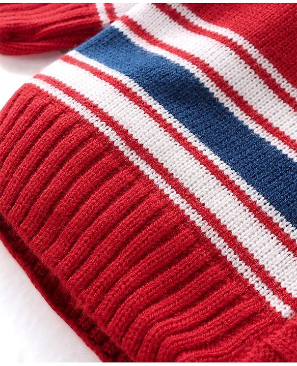 Babyhug Knitted Full Sleeves Hooded Front Open Sweater Set with Striped Design - Multicolour