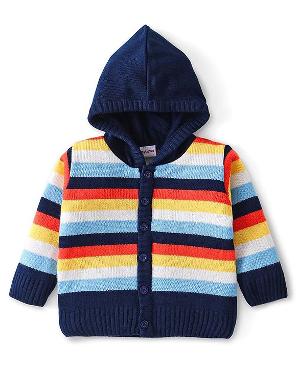 Babyhug Knitted Full Sleeves Hooded Front Open Sweater Set - Navy Blue