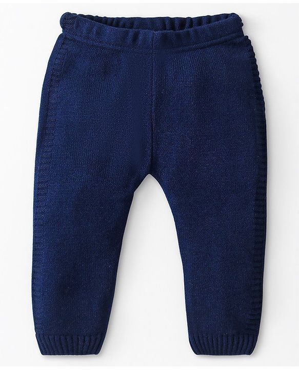 Babyhug Knitted Full Sleeves Hooded Front Open Sweater Set - Navy Blue