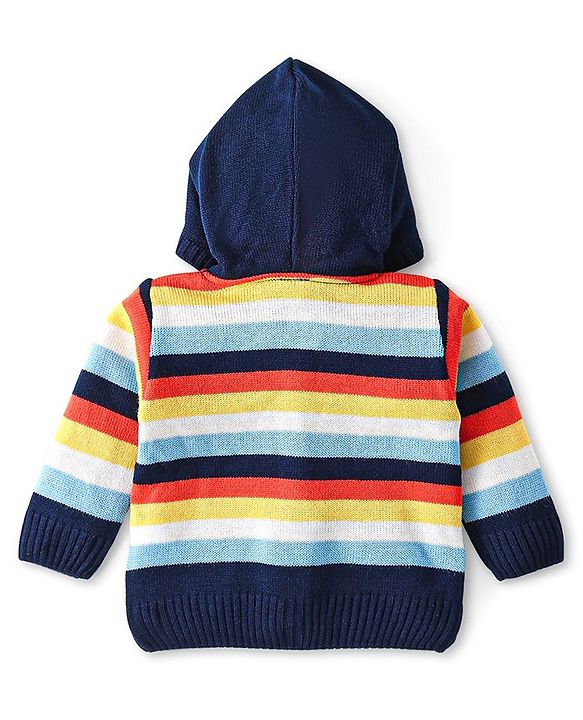 Babyhug Knitted Full Sleeves Hooded Front Open Sweater Set - Navy Blue