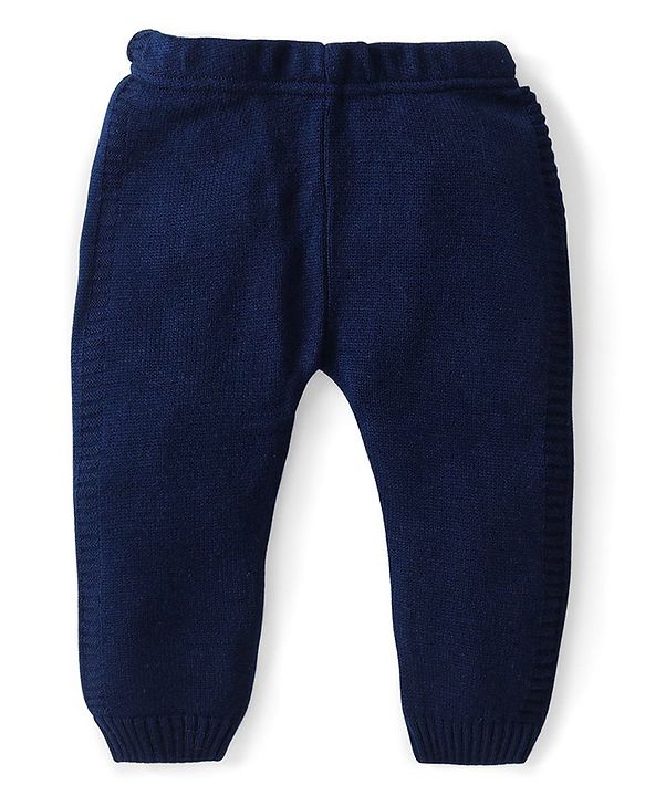 Babyhug Knitted Full Sleeves Hooded Front Open Sweater Set - Navy Blue