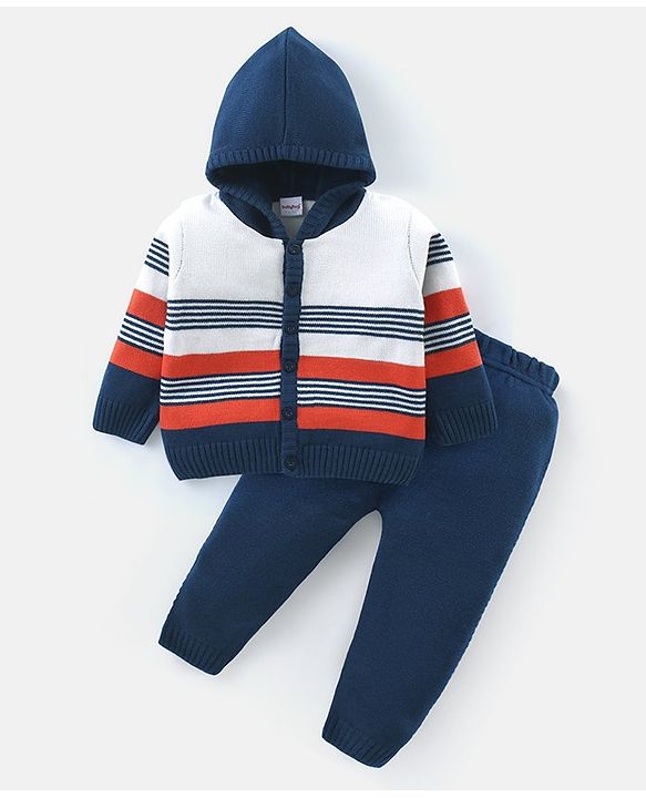 Babyhug Knitted Full Sleeves Striped Hooded Sweater Set - Blue & Orange