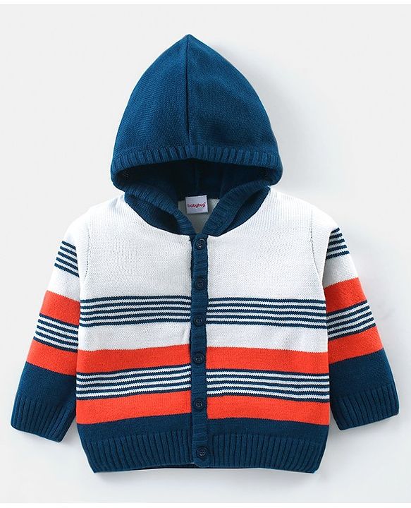 Babyhug Knitted Full Sleeves Striped Hooded Sweater Set - Blue & Orange