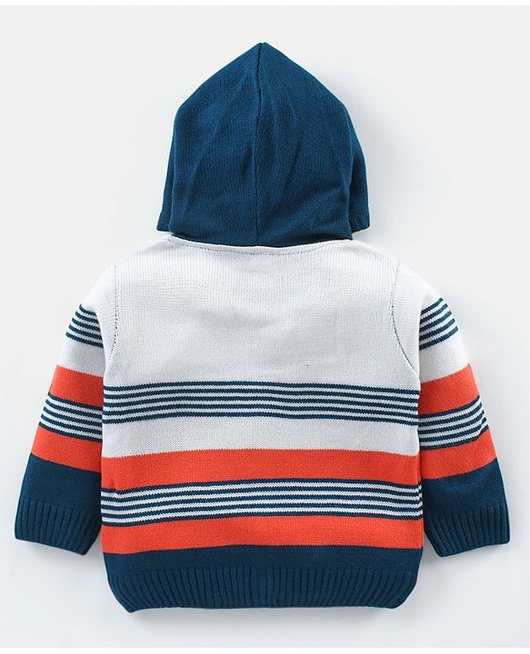 Babyhug Knitted Full Sleeves Striped Hooded Sweater Set - Blue & Orange