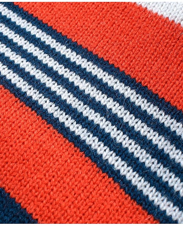 Babyhug Knitted Full Sleeves Striped Hooded Sweater Set - Blue & Orange