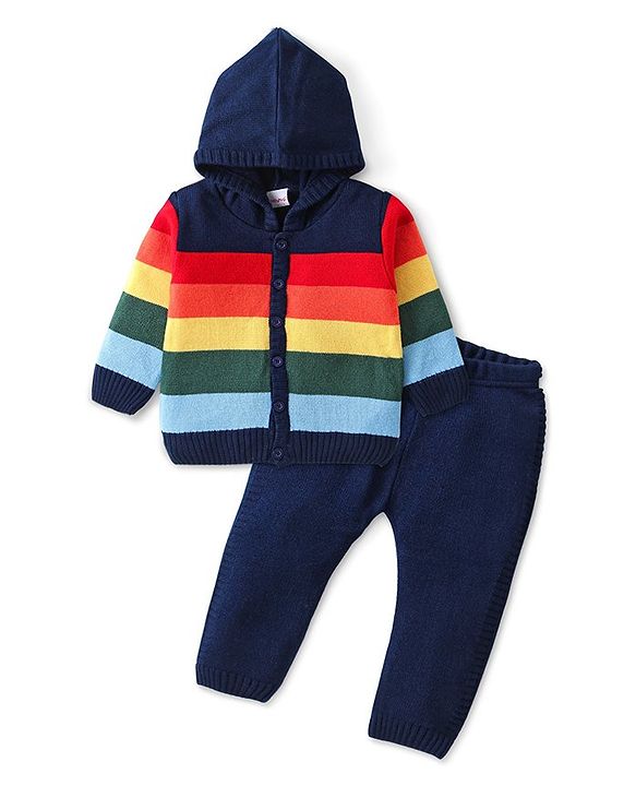 Babyhug Knitted Full Sleeves Colour Block Front Open Hooded Sweater Set - Navy Blue