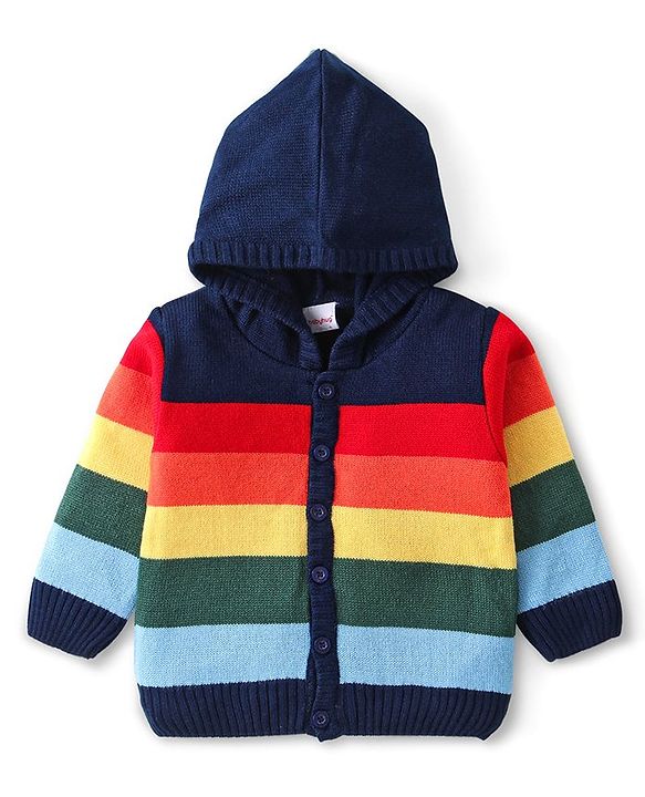 Babyhug Knitted Full Sleeves Colour Block Front Open Hooded Sweater Set - Navy Blue