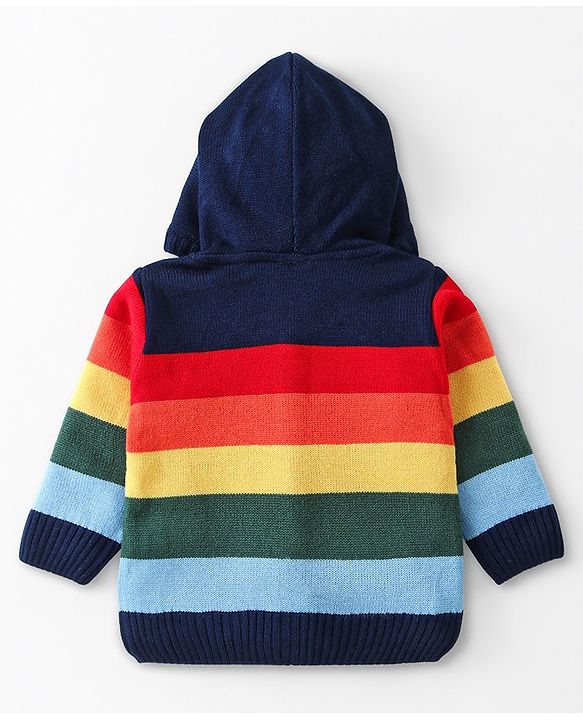 Babyhug Knitted Full Sleeves Colour Block Front Open Hooded Sweater Set - Navy Blue