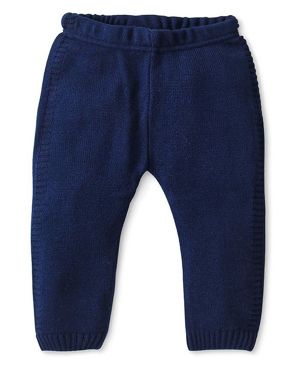 Babyhug Knitted Full Sleeves Colour Block Front Open Hooded Sweater Set - Navy Blue