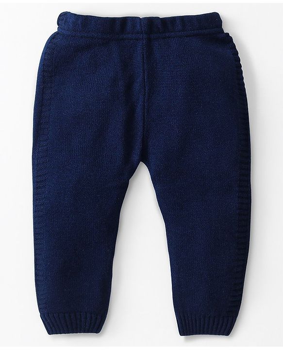 Babyhug Knitted Full Sleeves Colour Block Front Open Hooded Sweater Set - Navy Blue