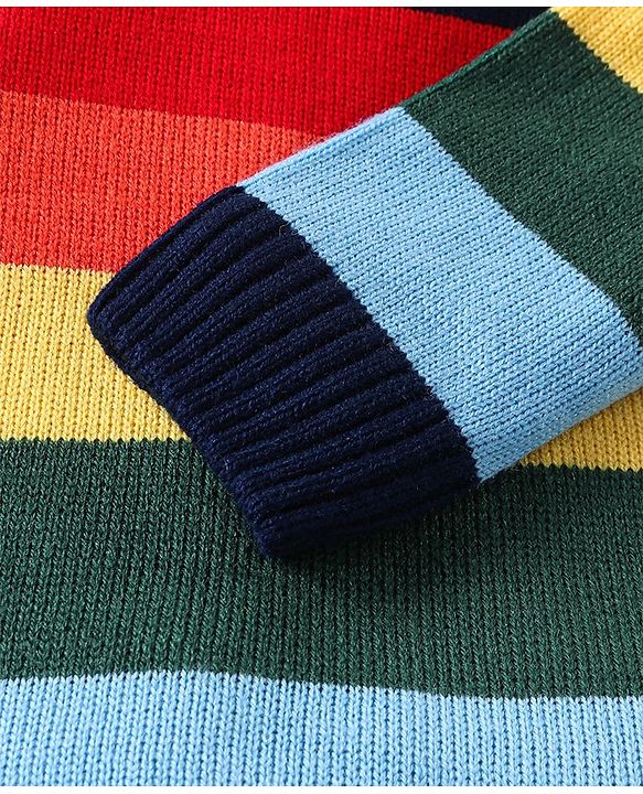 Babyhug Knitted Full Sleeves Colour Block Front Open Hooded Sweater Set - Navy Blue