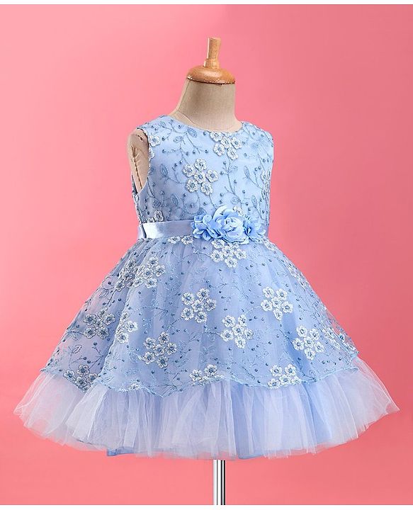 Babyhug  Sleeveless Fit &  Flare Floral Embroidered Party Frock with Applique - Aqua Blue