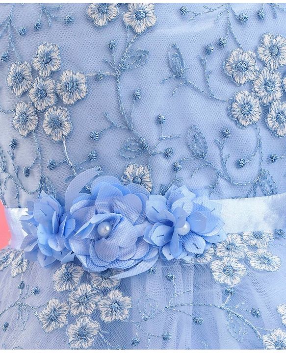 Babyhug  Sleeveless Fit &  Flare Floral Embroidered Party Frock with Applique - Aqua Blue