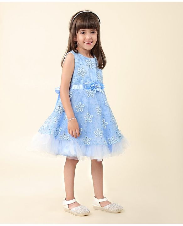 Babyhug  Sleeveless Fit &  Flare Floral Embroidered Party Frock with Applique - Aqua Blue