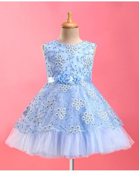 Babyhug  Sleeveless Fit &  Flare Floral Embroidered Party Frock with Applique - Aqua Blue
