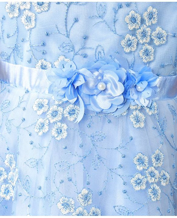 Babyhug  Sleeveless Fit &  Flare Floral Embroidered Party Frock with Applique - Aqua Blue