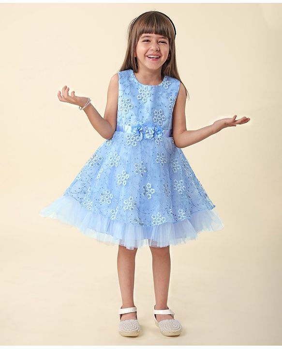 Babyhug  Sleeveless Fit &  Flare Floral Embroidered Party Frock with Applique - Aqua Blue