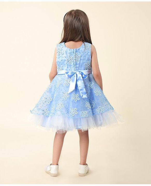 Babyhug  Sleeveless Fit &  Flare Floral Embroidered Party Frock with Applique - Aqua Blue