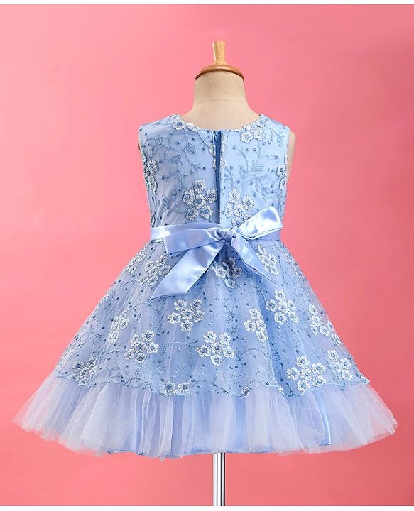 Babyhug  Sleeveless Fit &  Flare Floral Embroidered Party Frock with Applique - Aqua Blue