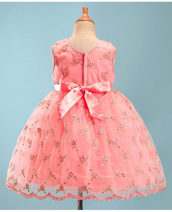 Babyhug Sleeveless Embroidered Party Frock with Floral Applique - Pink