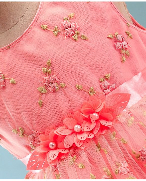 Babyhug Sleeveless Embroidered Party Frock with Floral Applique - Pink