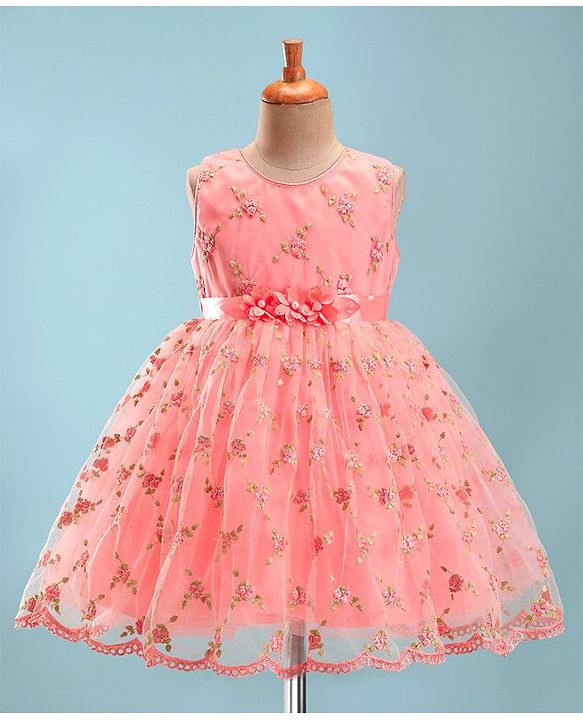 Babyhug Sleeveless Embroidered Party Frock with Floral Applique - Pink