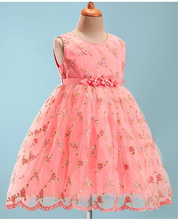 Babyhug Sleeveless Embroidered Party Frock with Floral Applique - Pink