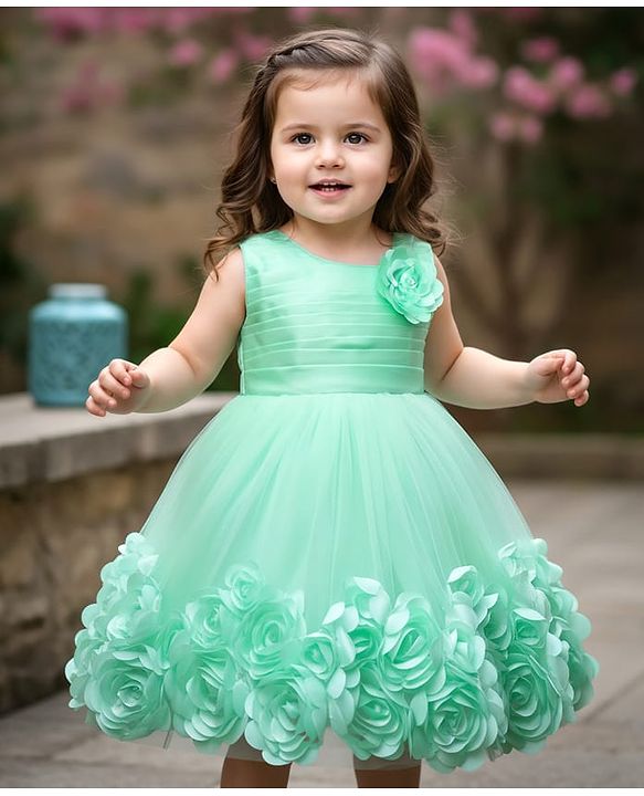 Babyhug Sleeveless  Rosette Applique Fit & Flared Party Frock - Mint