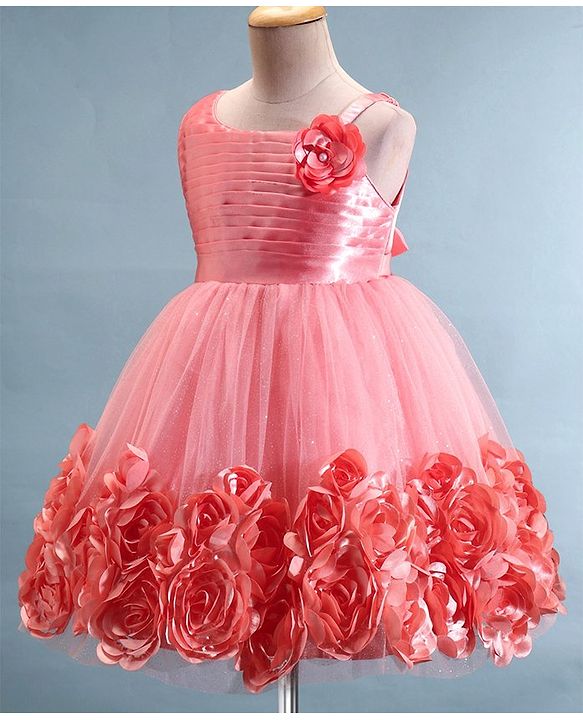 Babyhug Sleeveless Fit & Flared Party Frock with Pleated Detailing & Floral Embellishment - Coral