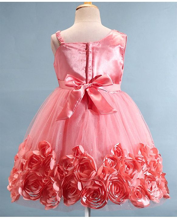 Babyhug Sleeveless Fit & Flared Party Frock with Pleated Detailing & Floral Embellishment - Coral