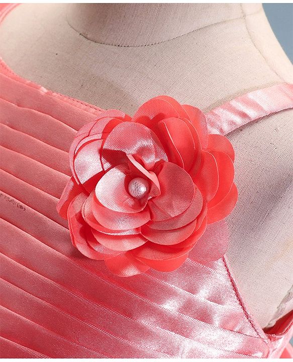 Babyhug Sleeveless Fit & Flared Party Frock with Pleated Detailing & Floral Embellishment - Coral