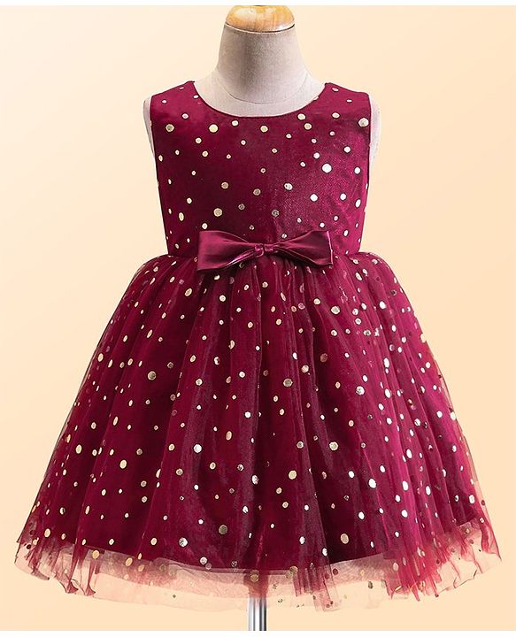 Babyhug Woven Sleeveless Fit and Flare Shimmery Party Frock with Bow Applique- Wine