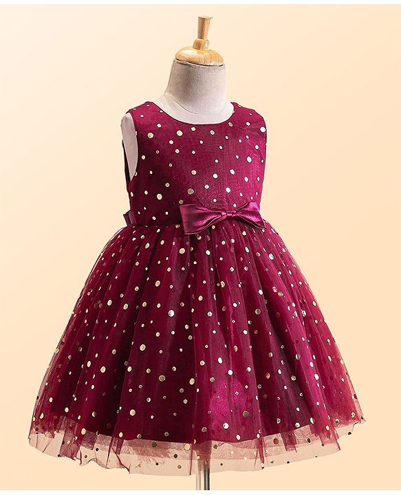 Babyhug Woven Sleeveless Fit and Flare Shimmery Party Frock with Bow Applique- Wine
