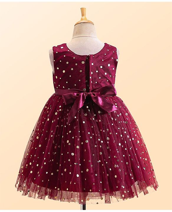 Babyhug Woven Sleeveless Fit and Flare Shimmery Party Frock with Bow Applique- Wine