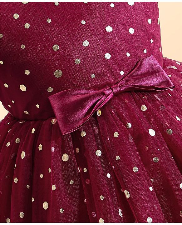 Babyhug Woven Sleeveless Fit and Flare Shimmery Party Frock with Bow Applique- Wine