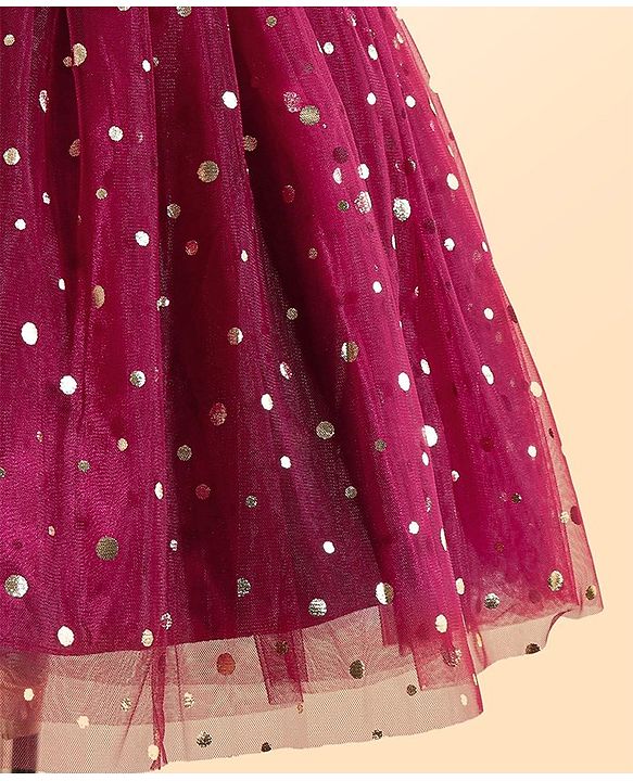 Babyhug Woven Sleeveless Fit and Flare Shimmery Party Frock with Bow Applique- Wine