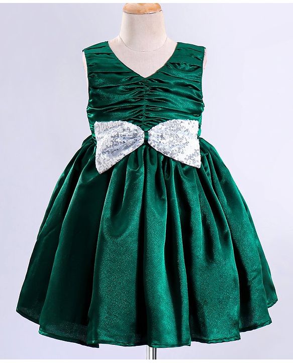 Babyhug Woven Sleeveless Fit and Flare Party Frock with Sequin Bow Detailing - Bottle Green
