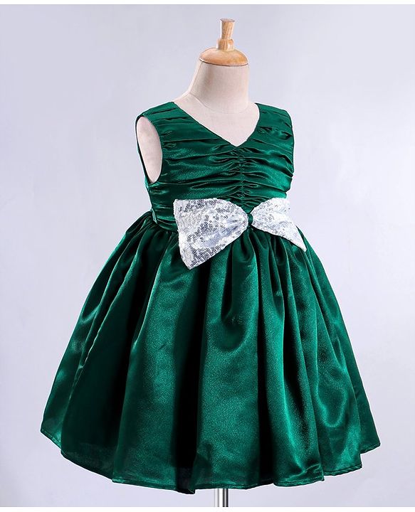 Babyhug Woven Sleeveless Fit and Flare Party Frock with Sequin Bow Detailing - Bottle Green