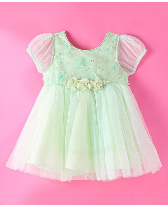 Babyhug Woven Puffed Sleeves Dress With Floral Aplique -  Light Green