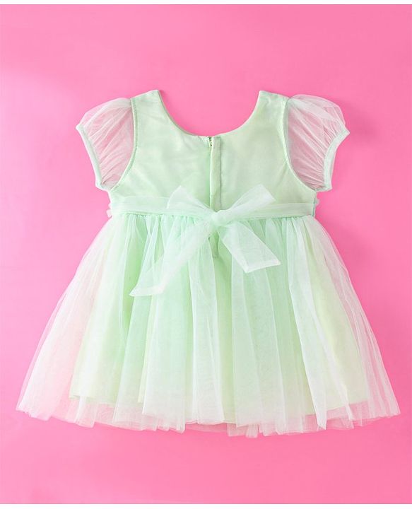 Babyhug Woven Puffed Sleeves Dress With Floral Aplique -  Light Green
