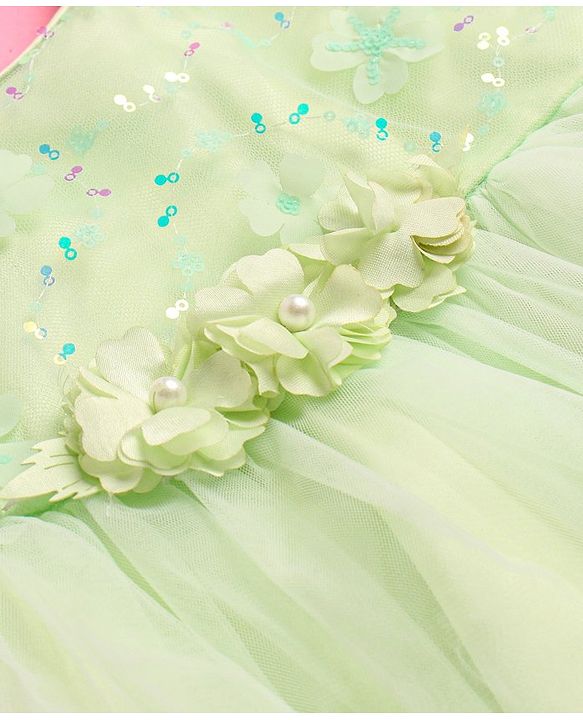 Babyhug Woven Puffed Sleeves Dress With Floral Aplique -  Light Green