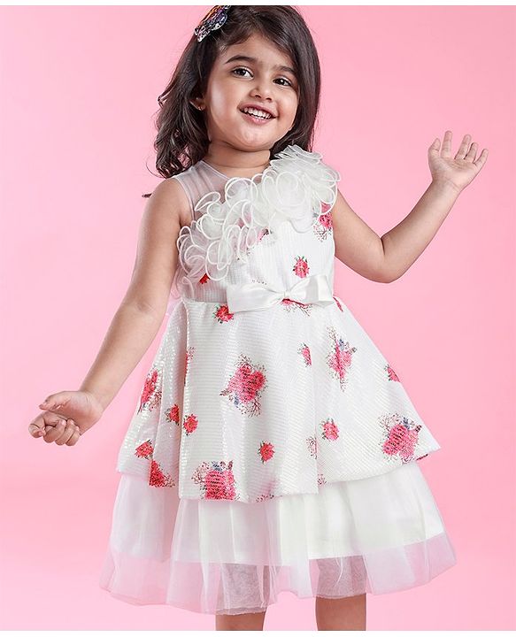 Babyhug One Shoulder Sleeves Fit & Flared Party Frock with Sequin Ruffle & Bow Detailing  Floral Print - White