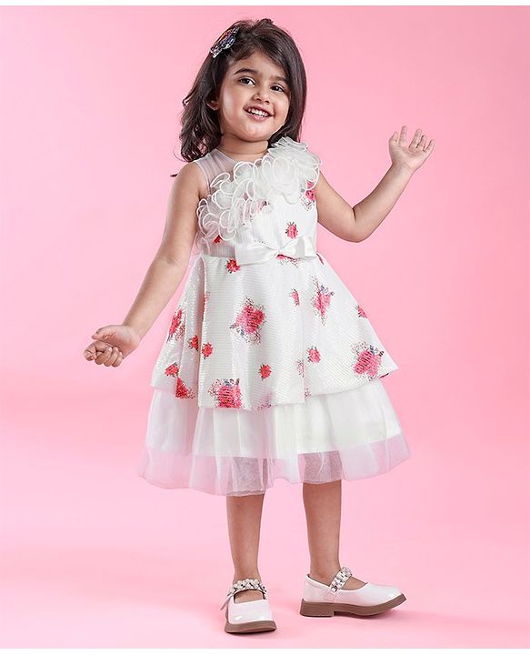 Babyhug One Shoulder Sleeves Fit & Flared Party Frock with Sequin Ruffle & Bow Detailing  Floral Print - White