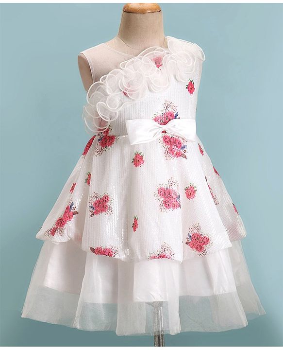 Babyhug One Shoulder Sleeves Fit & Flared Party Frock with Sequin Ruffle & Bow Detailing  Floral Print - White